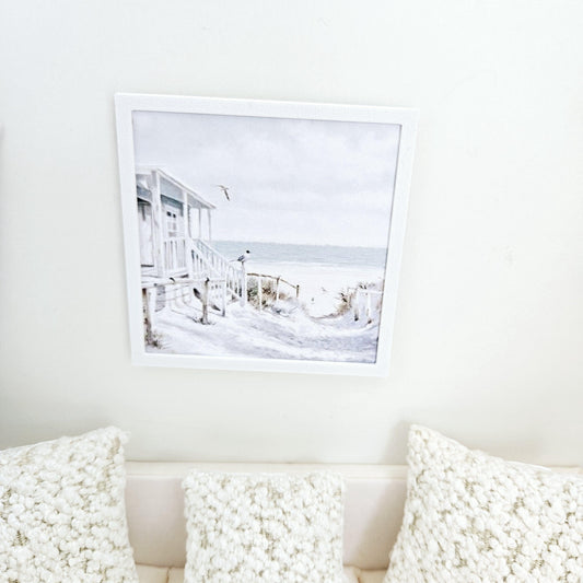 Dolls House Modern Framed Wall Art, Beach Hut picture, 12th scale, miniature wall picture for any room