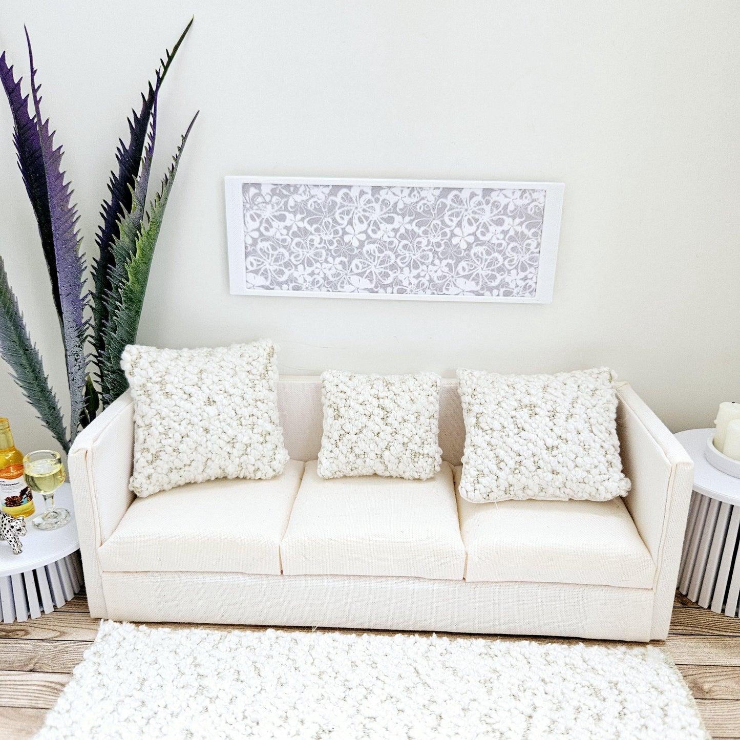 Dolls House Modern Framed Wall Art, Light Grey Flower picture, 12th scale, miniature wall picture for any room