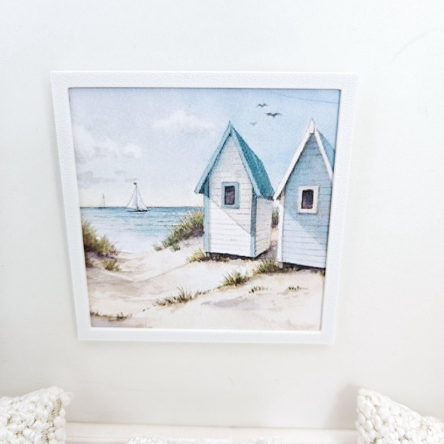 Dolls House Modern Framed Wall Art, Beach Hut picture, 12th scale, miniature wall picture for any room