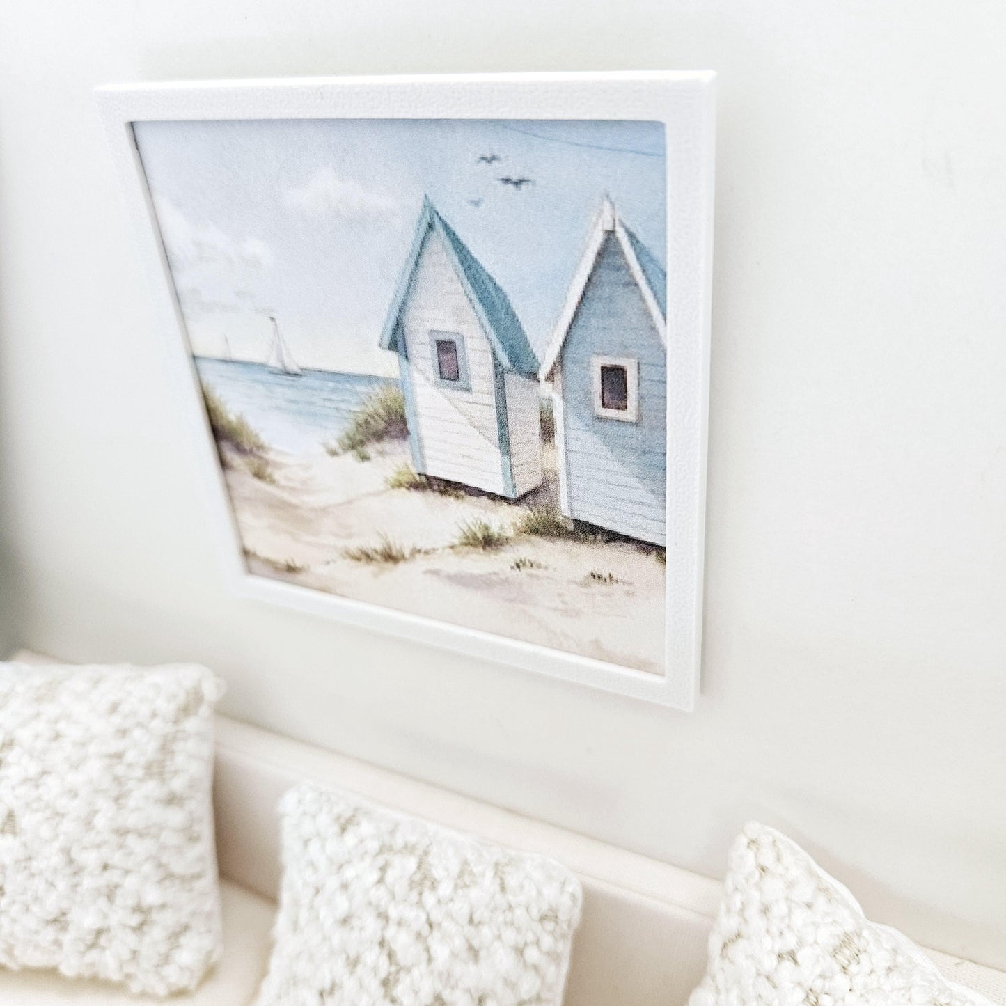Dolls House Modern Framed Wall Art, Beach Hut picture, 12th scale, miniature wall picture for any room