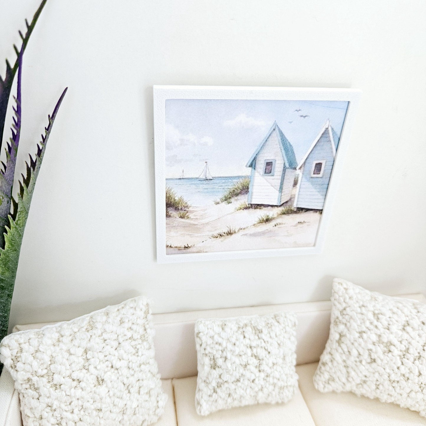 Dolls House Modern Framed Wall Art, Beach Hut picture, 12th scale, miniature wall picture for any room