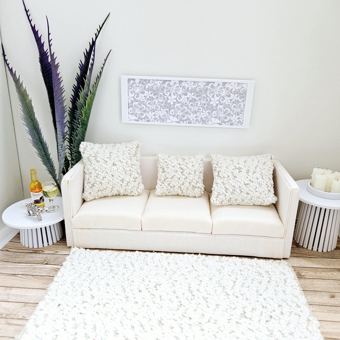 Dolls House Modern Framed Wall Art, Light Grey Flower picture, 12th scale, miniature wall picture for any room