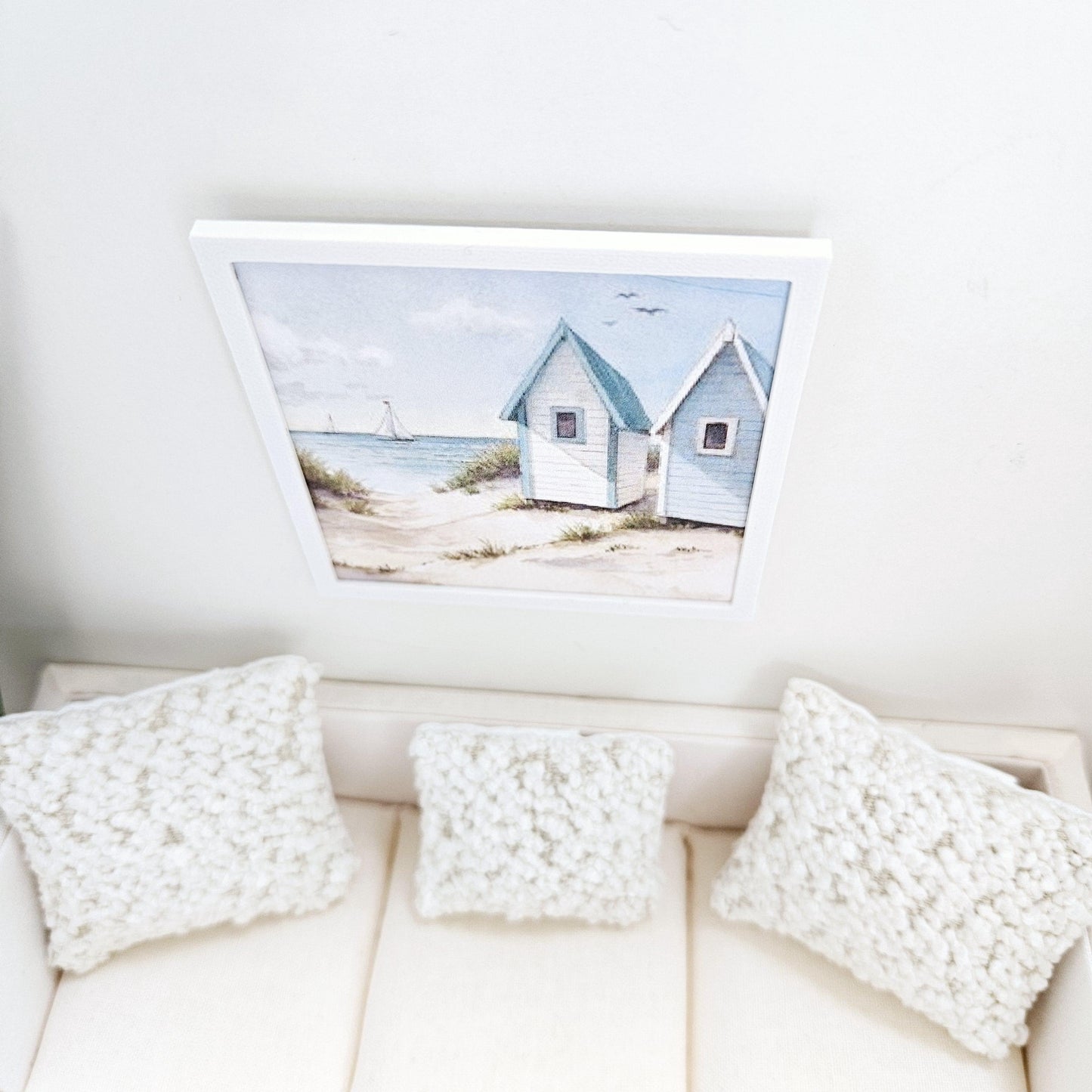 Dolls House Modern Framed Wall Art, Beach Hut picture, 12th scale, miniature wall picture for any room