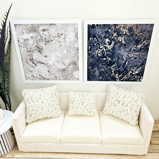 Dolls House Modern Framed Wall Art, Set of 2, Large Abstract art pictures, 12th scale, miniature wall picture for any room