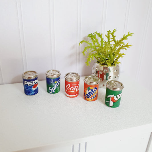 Dolls House Miniature Soda Cans, Set of 5, 12th scale, mini cans of drinks