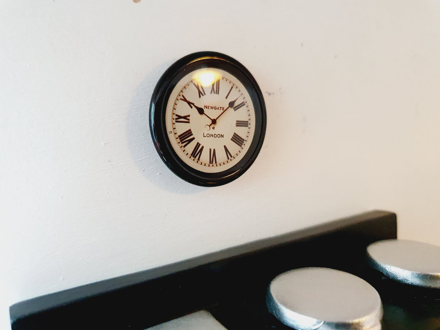 Dolls House Modern Clock, Newgate Clock, Miniature Clock, Black 12th Scale Clock
