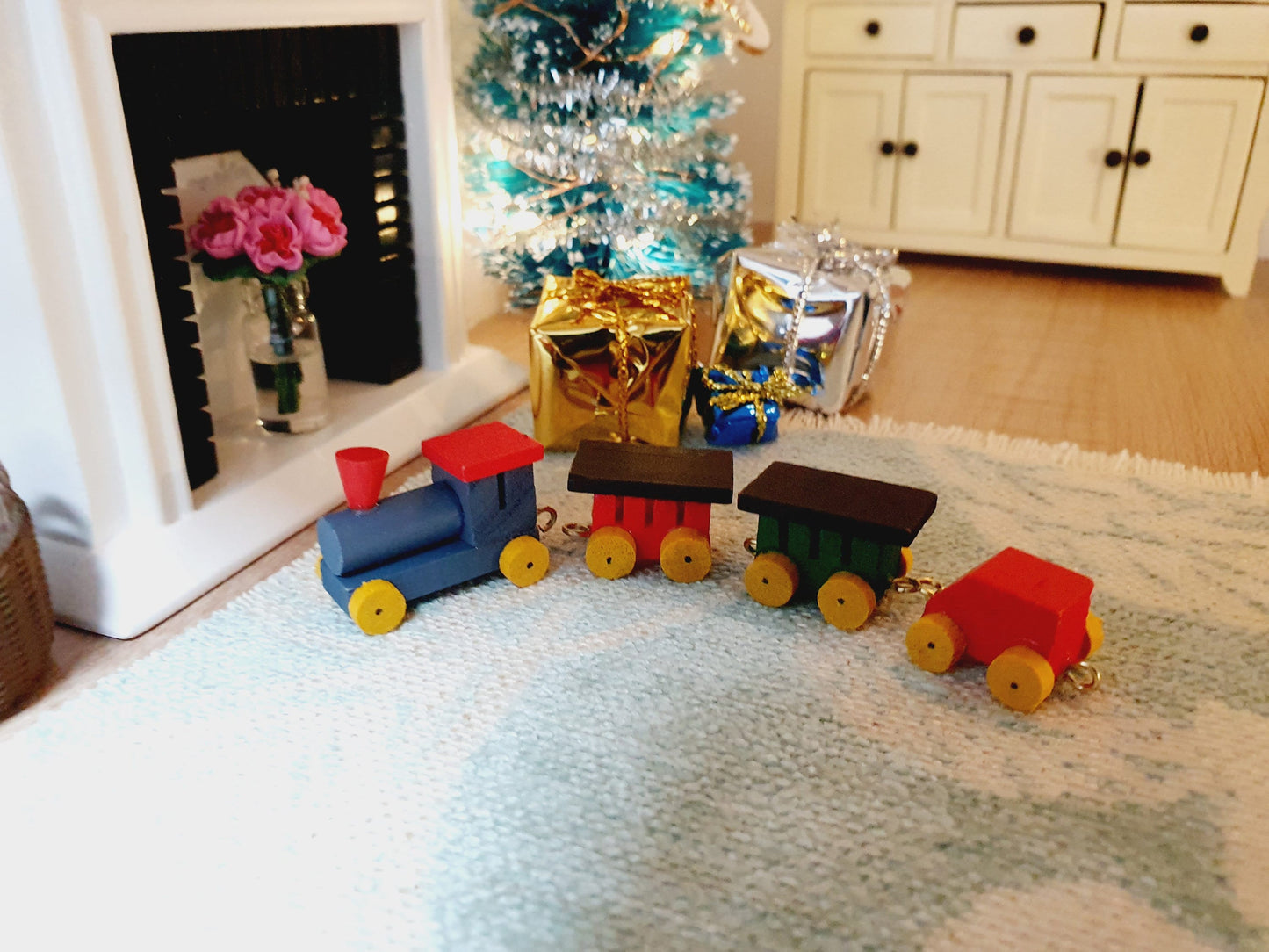 Dolls House Wooden Toy Train | 4-Piece Set | 1:12 Scale Miniature Toy