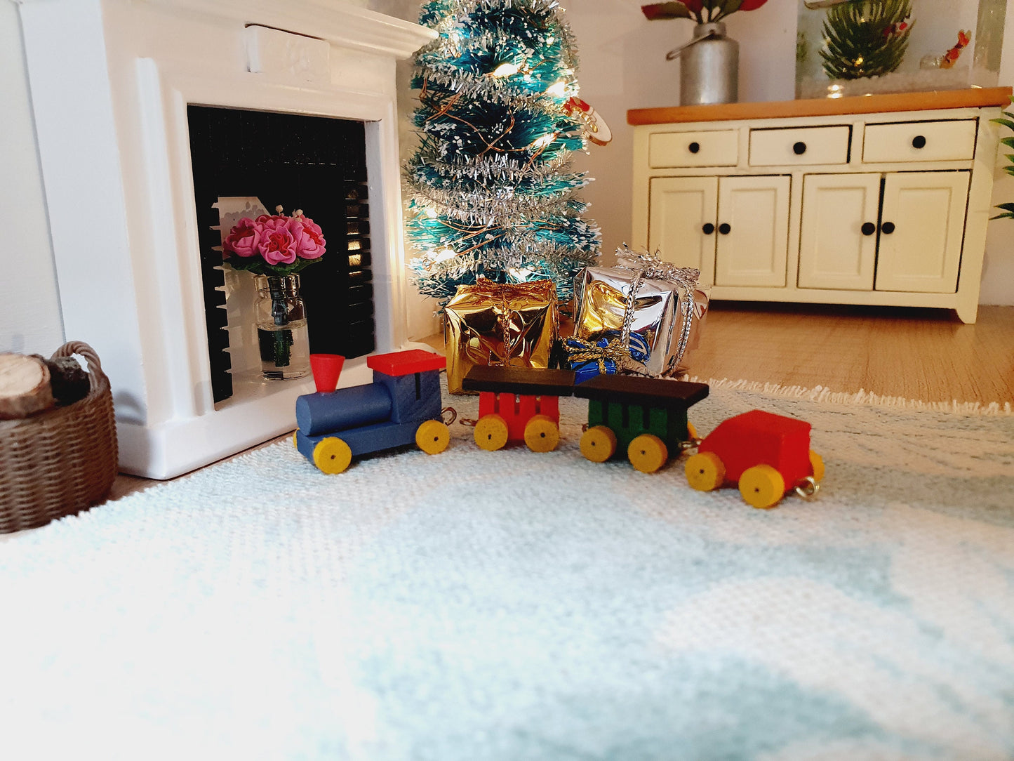 Dolls House Wooden Toy Train | 4-Piece Set | 1:12 Scale Miniature Toy