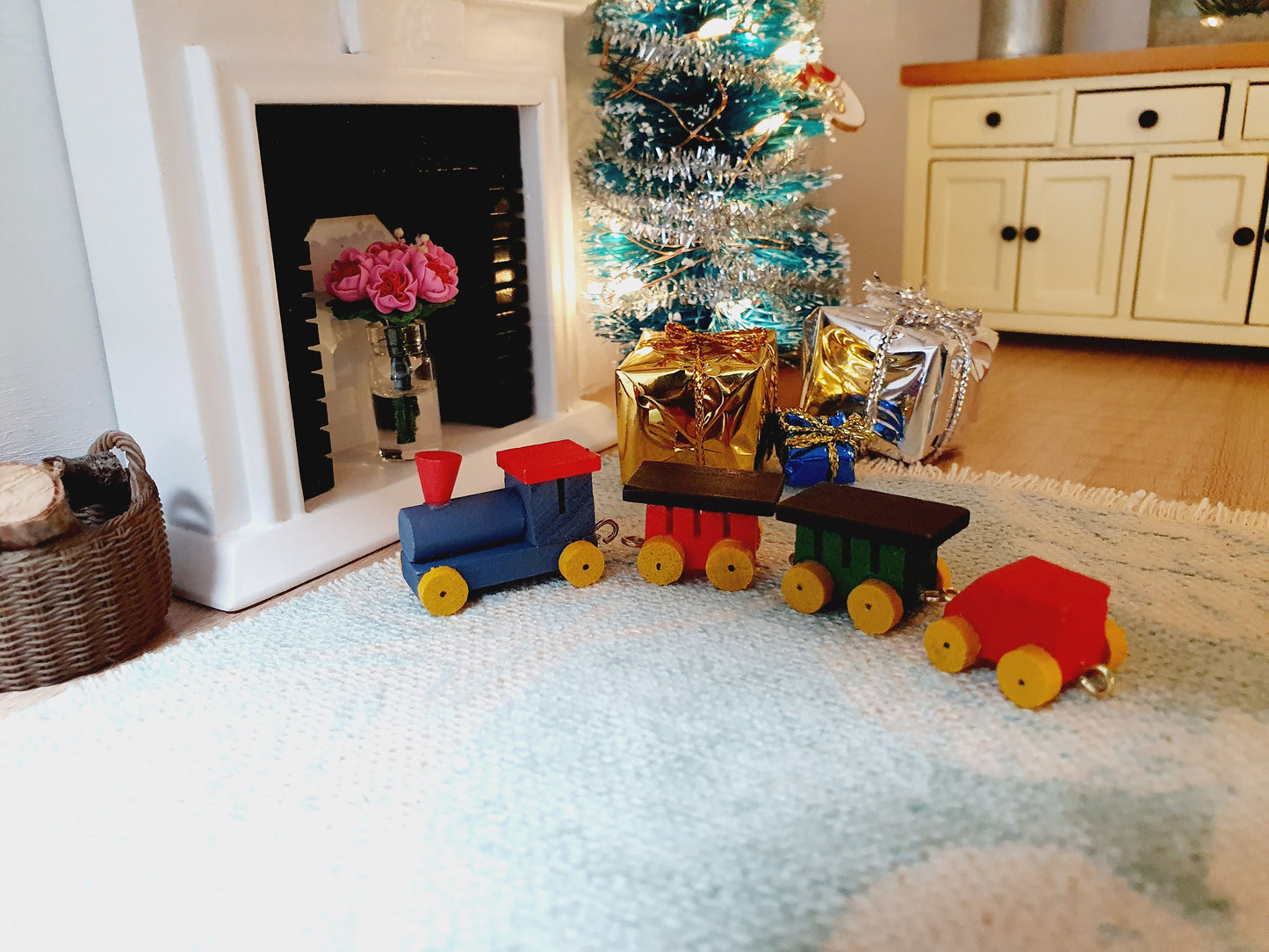 Dolls House Wooden Toy Train | 4-Piece Set | 1:12 Scale Miniature Toy