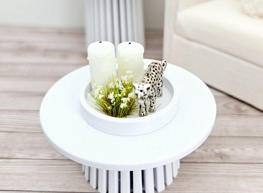 Dolls House Coloured tray ornament with 2x candles, white plant & a silver or gold leopard, 12th scale, miniature ornament