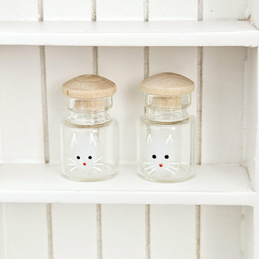 Dolls House White Cat Jars, Set of 2, jars with lids, 12th scale, miniature jar/ vase