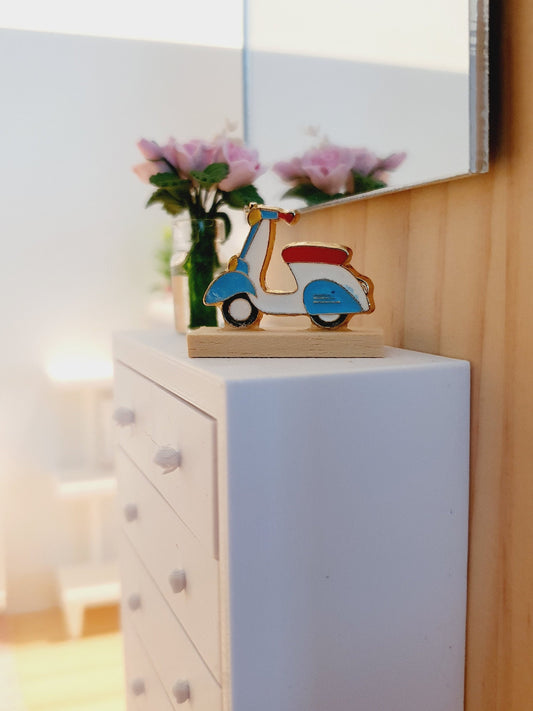 Dolls House Scooter Ornament on a wooden stand, 1:12th Scale, Miniature Scooter