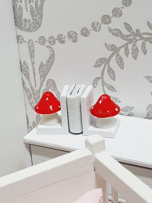 Dolls House Cute Set of Bookends with Red Mushrooms, Miniature Bookends, Books, 12th Scale