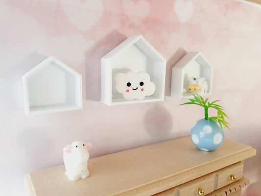 Dolls House House-Shaped Wall Shelves | Set of 3 with Toy Lamb | 1:12 Scale Miniature Nursery Décor