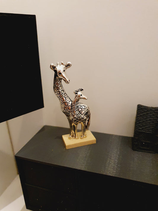 Dolls House Cute Mother & Baby Giraffe Ornament on a wooden stand , 1:12th Scale, Miniature Giraffe a stand