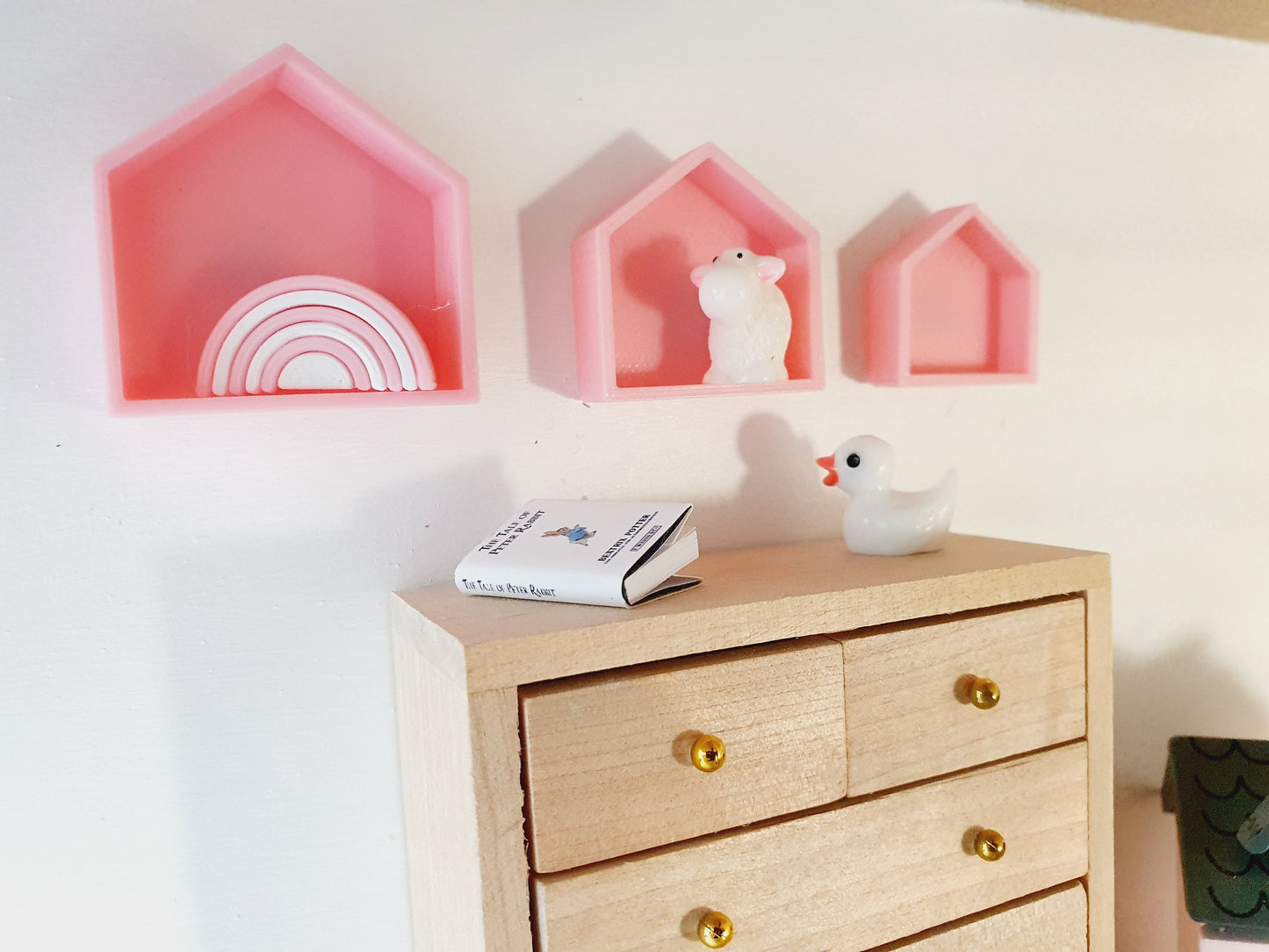 Dolls House House-Shaped Wall Shelves | Set of 3 with Toy Lamb | 1:12 Scale Miniature Nursery Décor