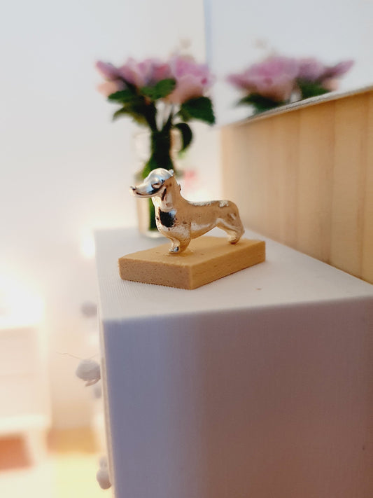 Dolls House Small Sausage Dog Ornament on a wooden stand, 1:12th Scale, Miniature dog on a stand