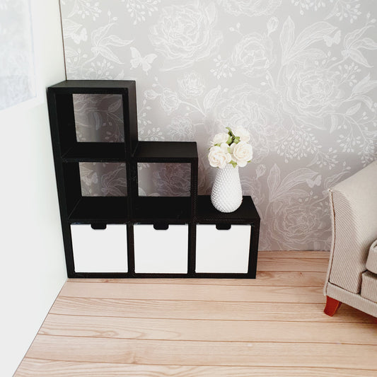 Dolls House Staged Cube Storage Unit | 3 Boxes Included | 1:12 Scale Modern Miniature