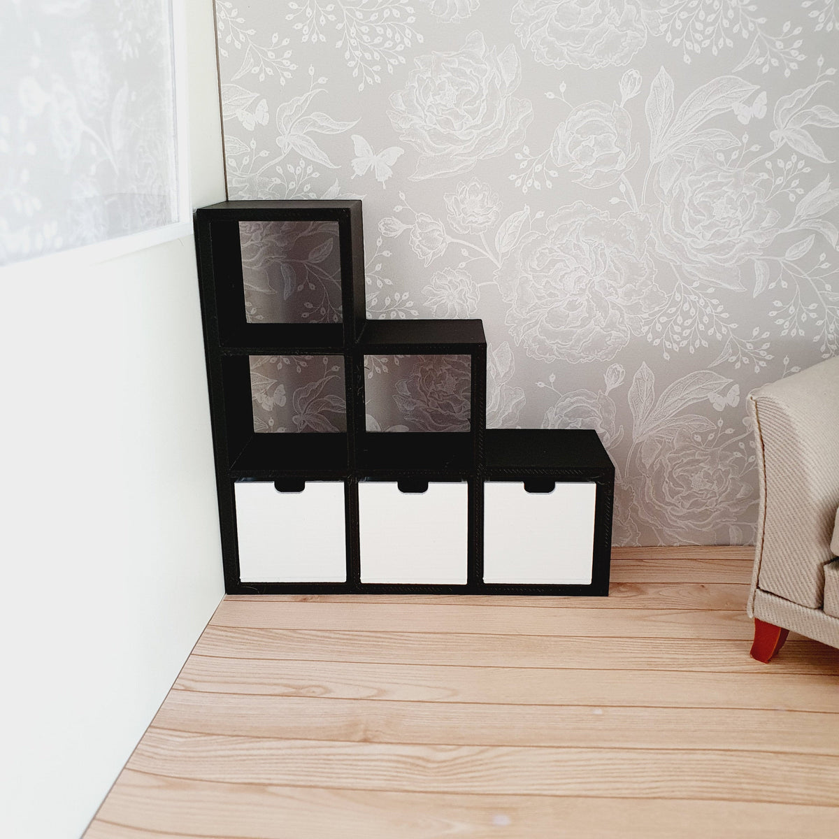Dolls House Staged Cube Storage Unit | 3 Boxes Included | 1:12 Scale Modern Miniature