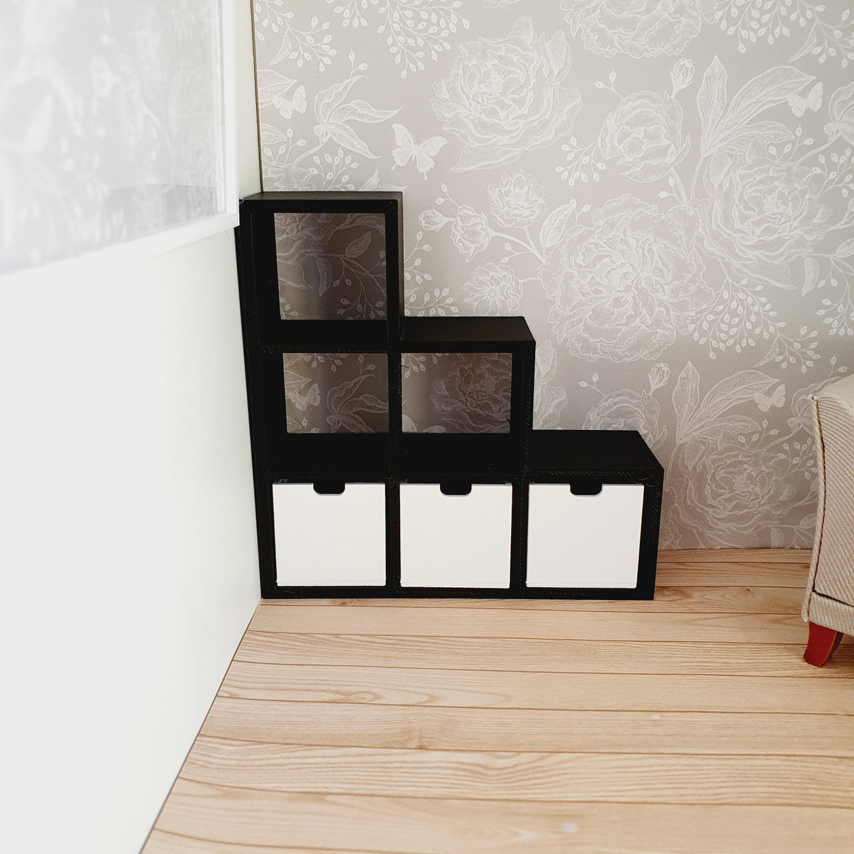 Dolls House Staged Cube Storage Unit | 3 Boxes Included | 1:12 Scale Modern Miniature