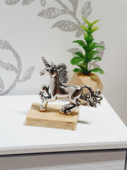 Dolls House Small Unicorn Ornament on a wooden stand, 1:12th Scale, Miniature on a stand