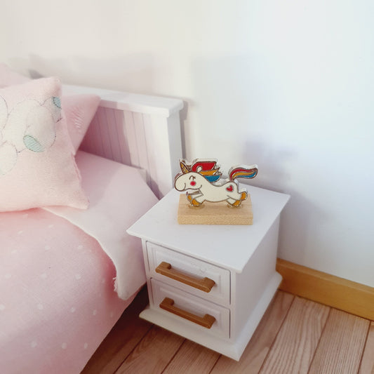 Dolls House Small Colourful Unicorn Ornament on a wooden stand, 1:12th Scale, Miniature unicorn on a stand