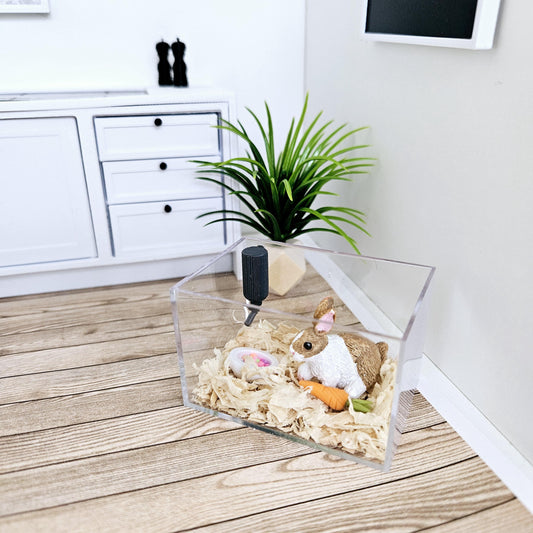 Dolls House Indoor Rabbit Cage with Sawdust, Food, Water Bottle, 12th Scale, Miniature Rabbit