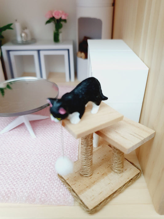 Dolls House Cat Stand and Scratching Post with Toy Hanging White Pom Pom, 12th Scale, Miniature Cat Post