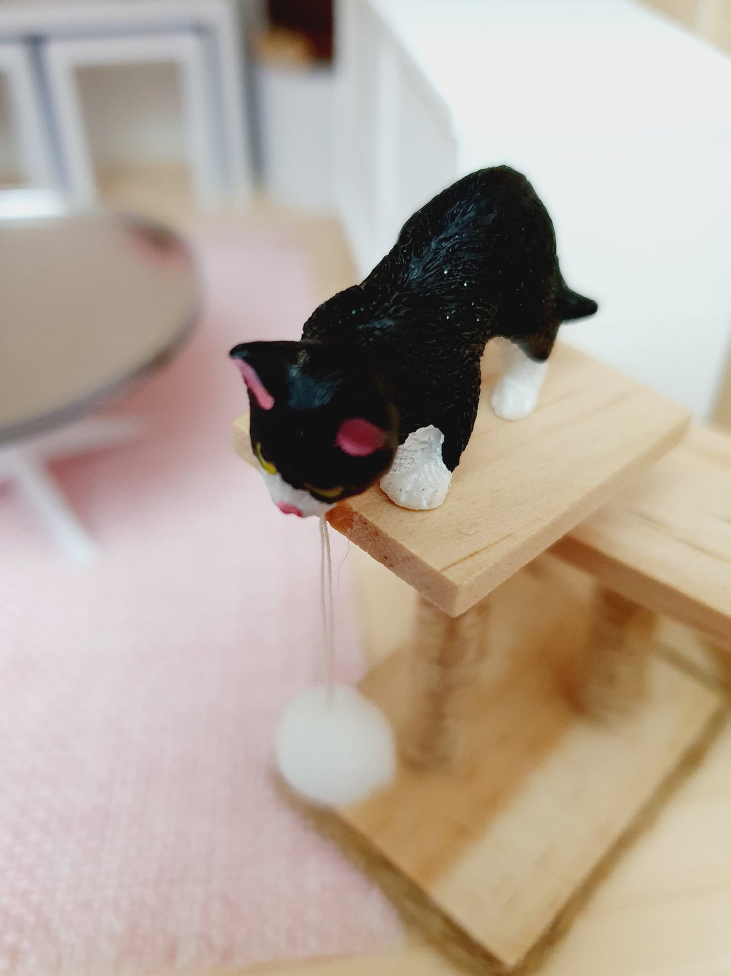 Dolls House Cat Stand and Scratching Post with Toy Hanging White Pom Pom, 12th Scale, Miniature Cat Post