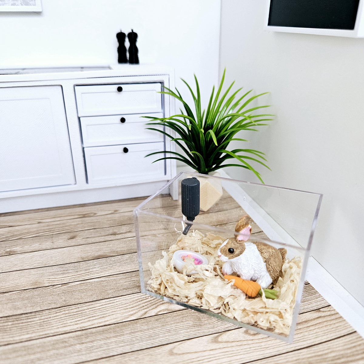 Dolls House Indoor Rabbit Cage with Sawdust, Food, Water Bottle, 12th Scale, Miniature Rabbit