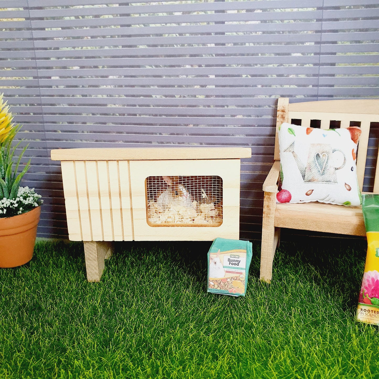 Dolls House Rabbit Hutch Set | With Accessories & Rabbit | 1:12 Scale Miniature