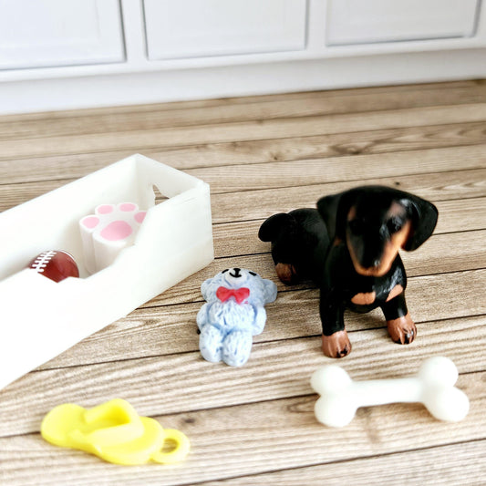 Dolls House Sausage Dog & Bone White Toy Box, 12th Scale toy box, miniature dog