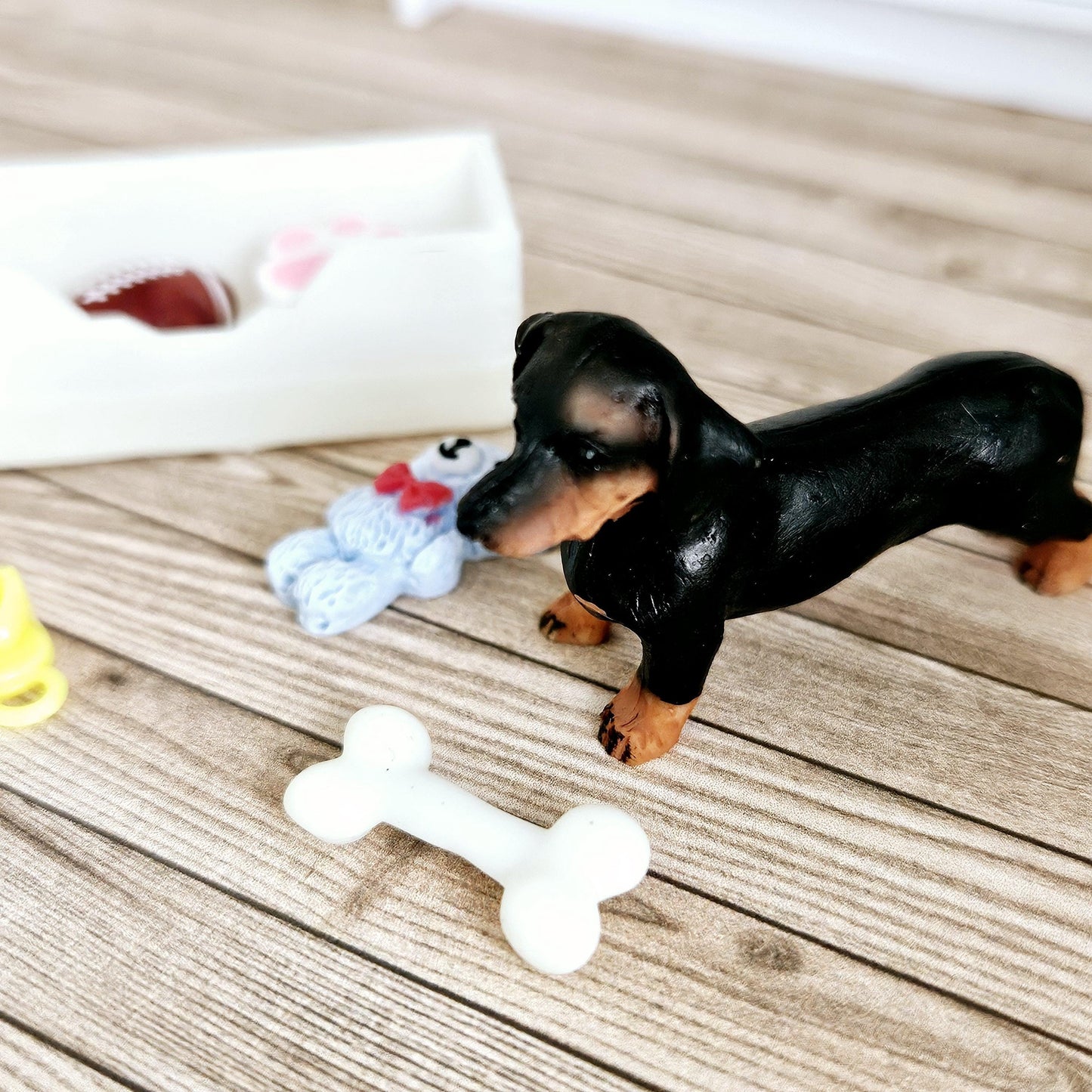 Dolls House Sausage Dog & Bone White Toy Box, 12th Scale toy box, miniature dog