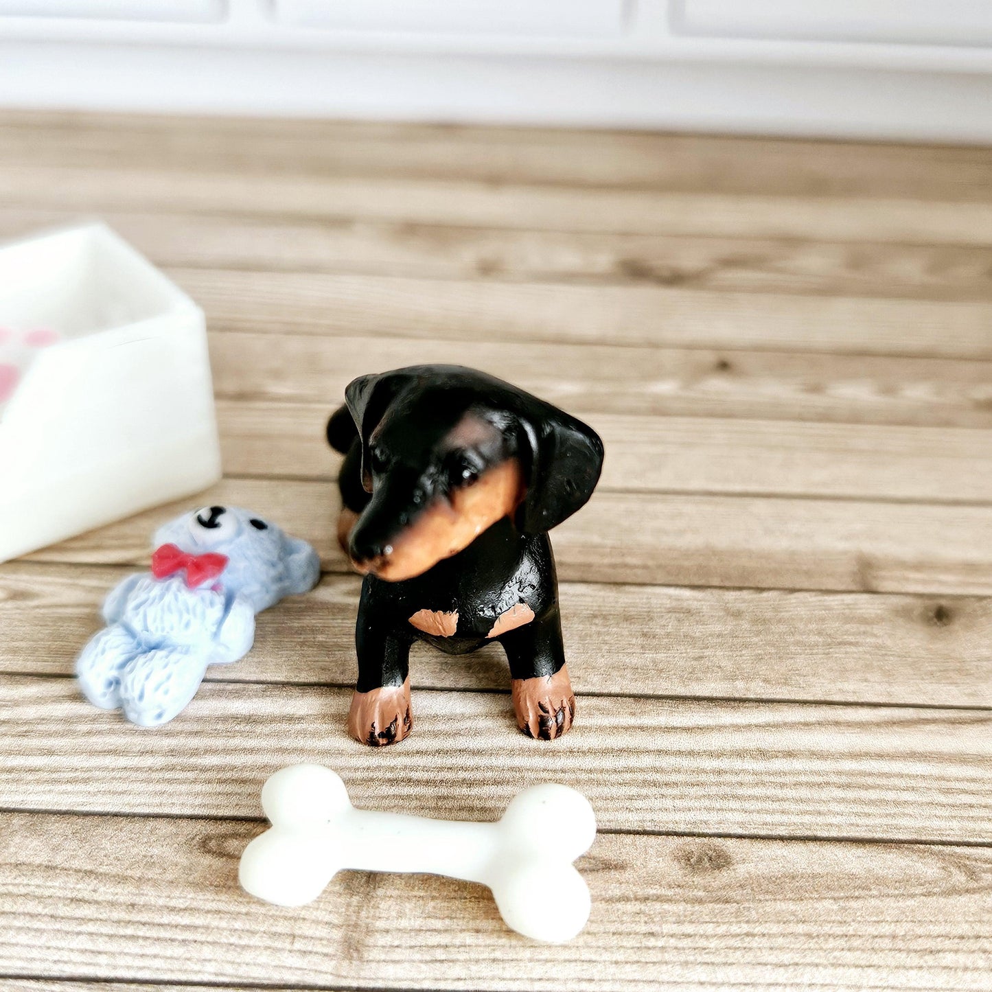 Dolls House Sausage Dog & Bone White Toy Box, 12th Scale toy box, miniature dog
