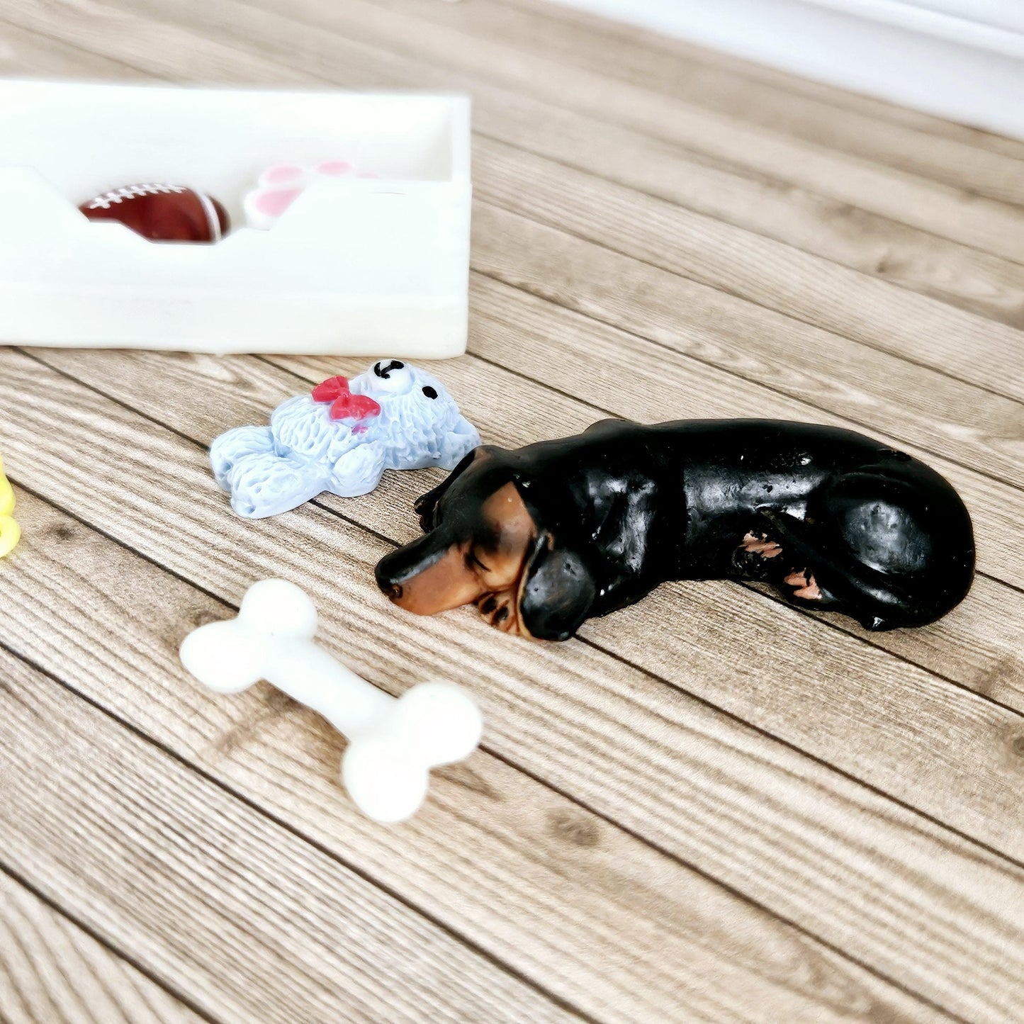 Dolls House Sausage Dog & Bone White Toy Box, 12th Scale toy box, miniature dog