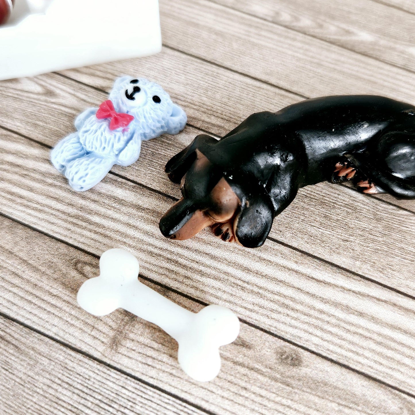 Dolls House Sausage Dog & Bone White Toy Box, 12th Scale toy box, miniature dog