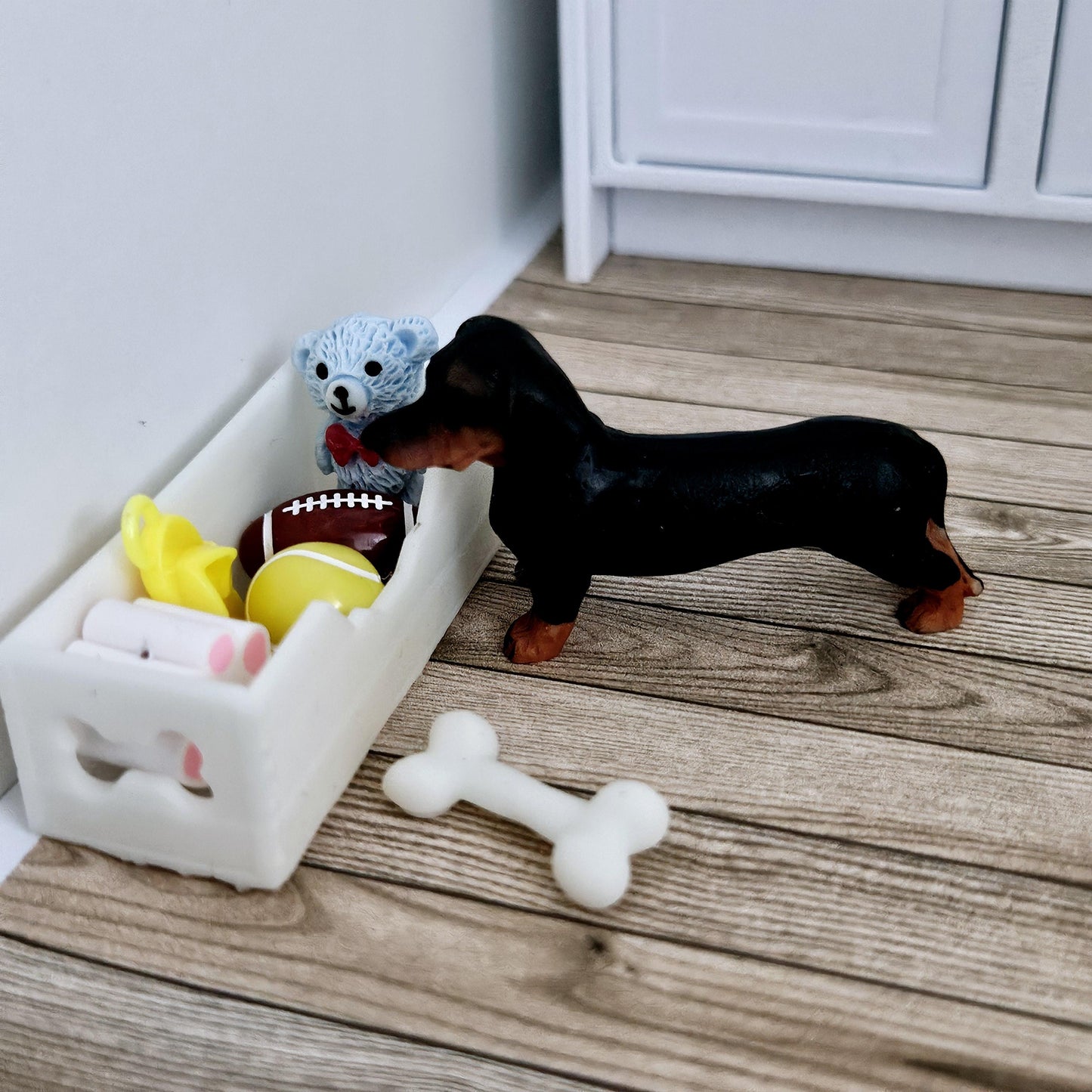 Dolls House Sausage Dog & Bone White Toy Box, 12th Scale toy box, miniature dog