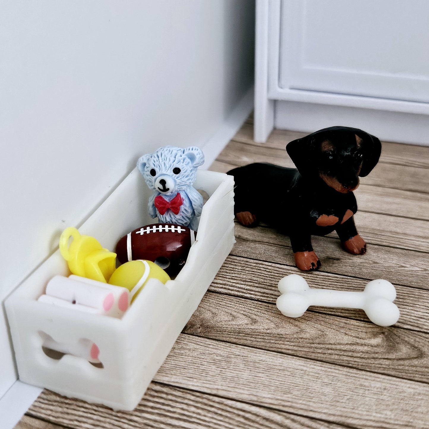 Dolls House Sausage Dog & Bone White Toy Box, 12th Scale toy box, miniature dog