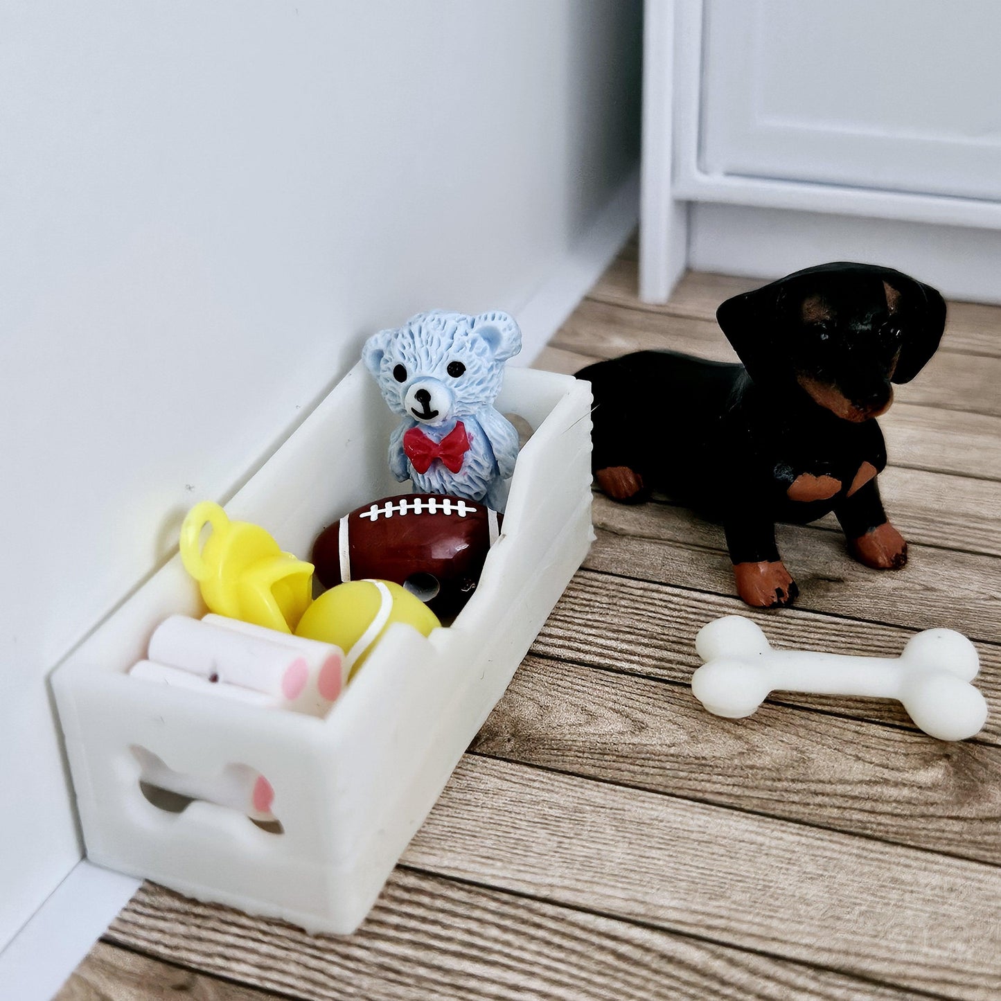 Dolls House Sausage Dog & Bone White Toy Box, 12th Scale toy box, miniature dog