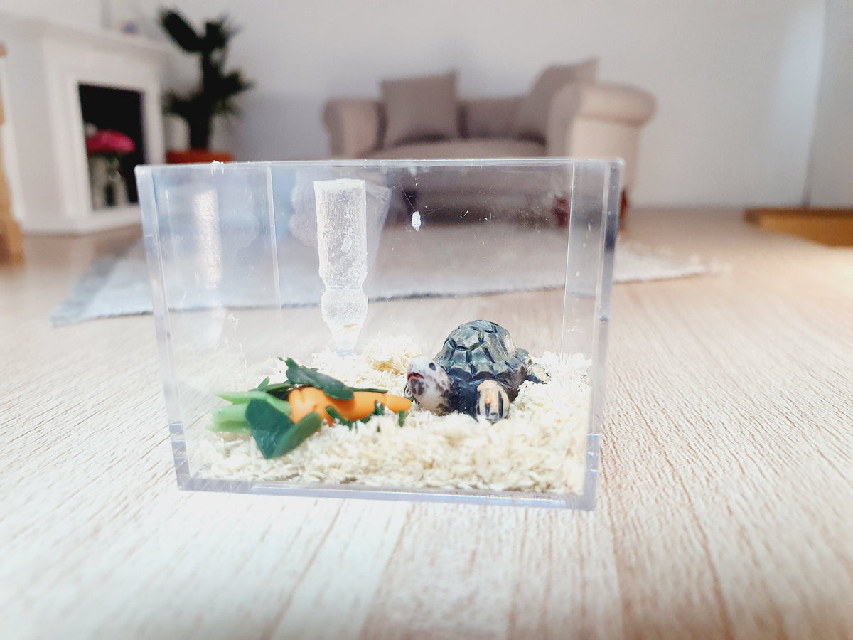 Dolls House Tortoise Cage with Food, Water Bottle, 12th Scale, Miniature Tortoise