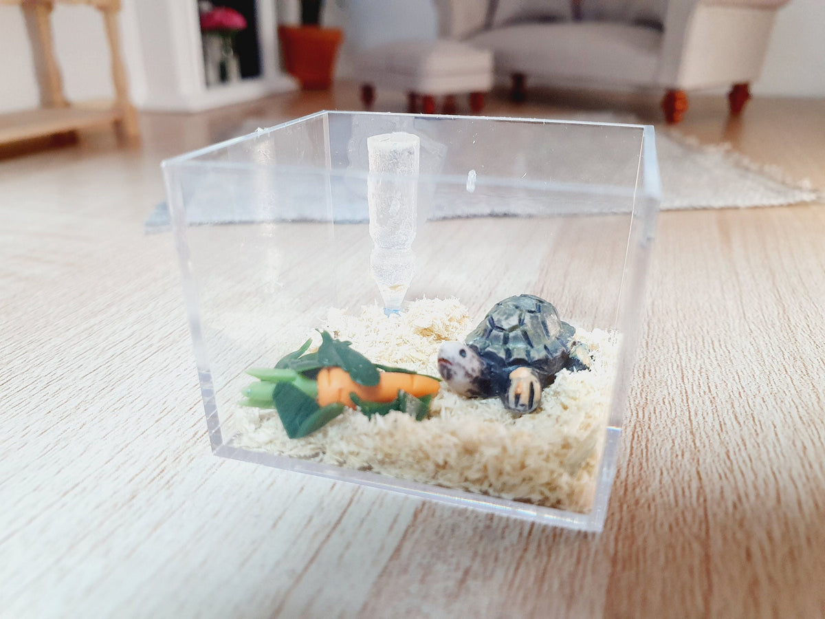 Dolls House Tortoise Cage with Food, Water Bottle, 12th Scale, Miniature Tortoise