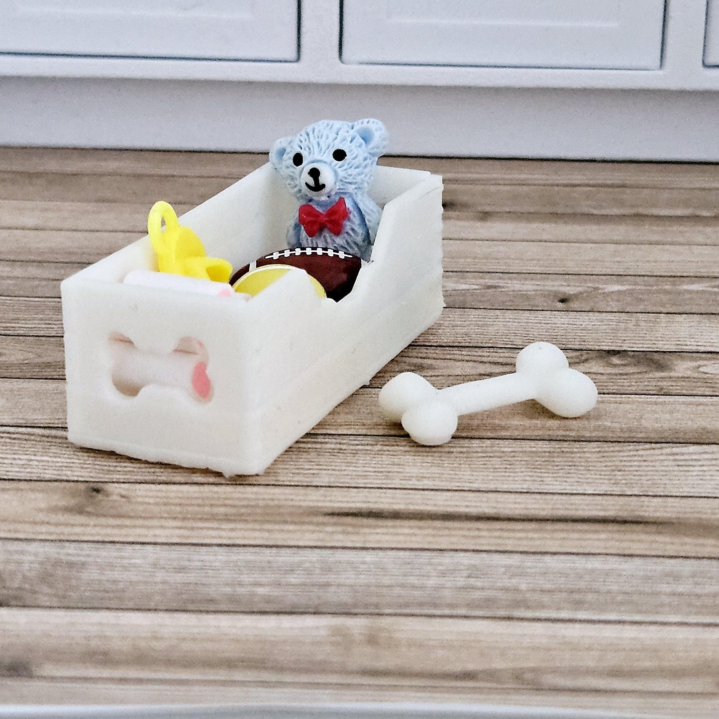 Dolls House Chocolate Puppy & Bone White Toy Box, 12th Scale toy box, miniature dog