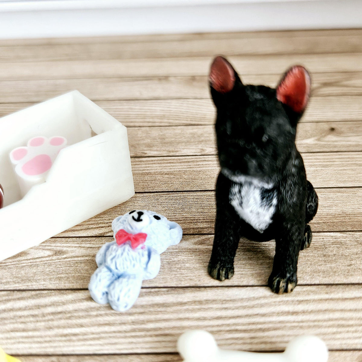 Dolls House French Bulldog & Bone White Toy Box, 12th Scale toy box, miniature dog