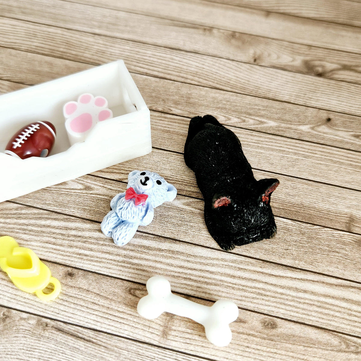 Dolls House French Bulldog & Bone White Toy Box, 12th Scale toy box, miniature dog