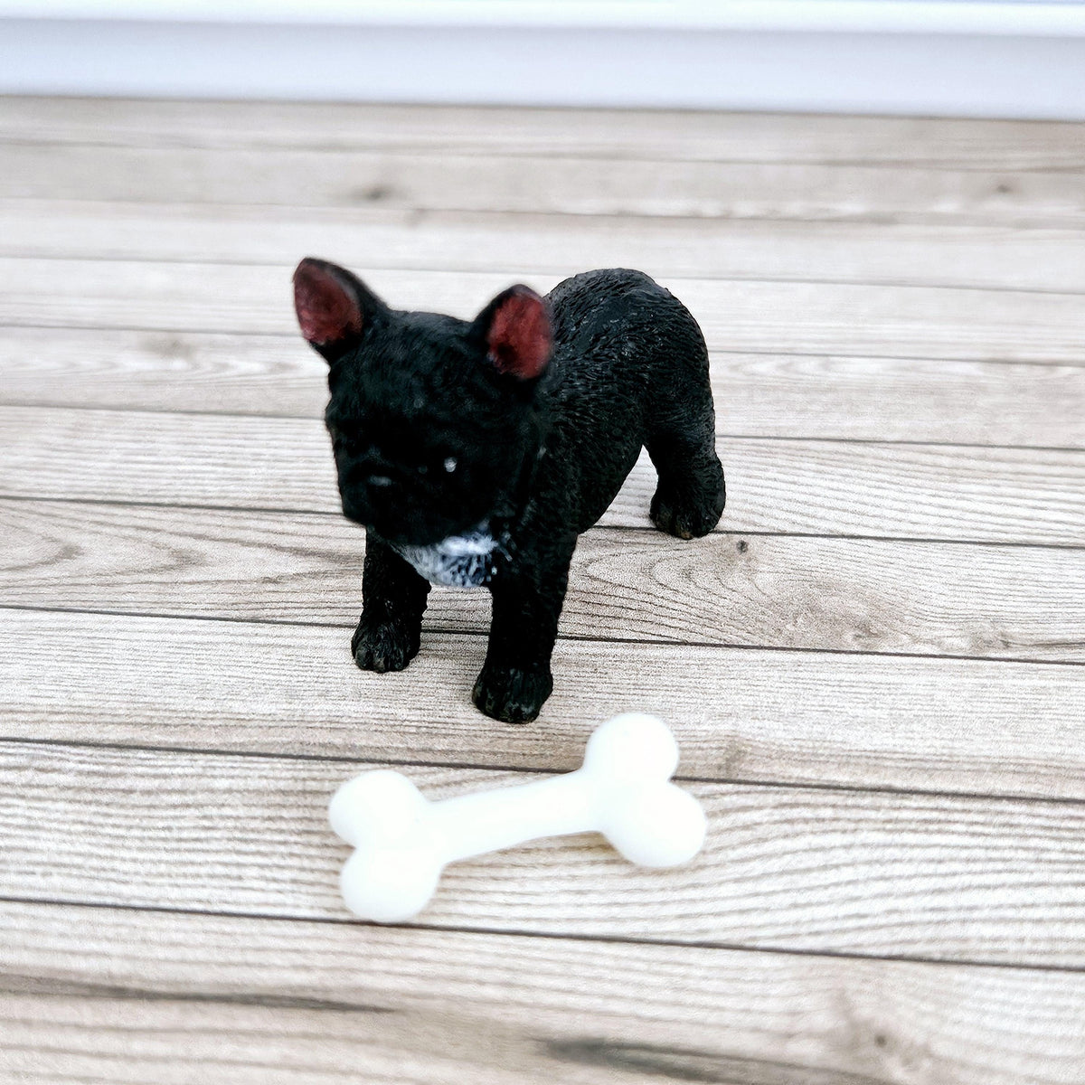 Dolls House French Bulldog & Bone White Toy Box, 12th Scale toy box, miniature dog