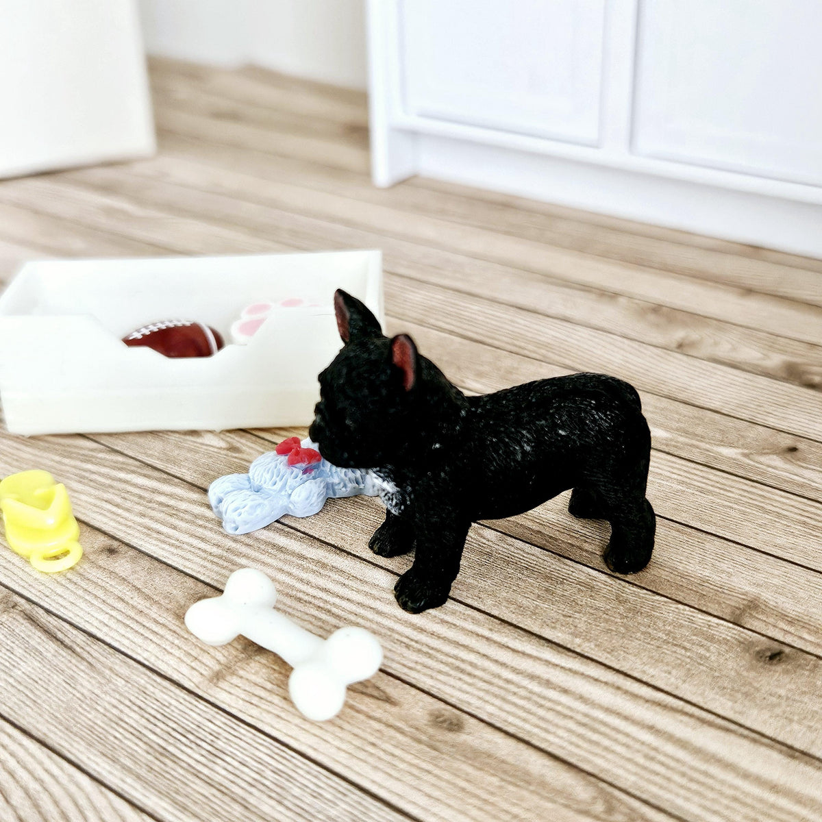 Dolls House French Bulldog & Bone White Toy Box, 12th Scale toy box, miniature dog