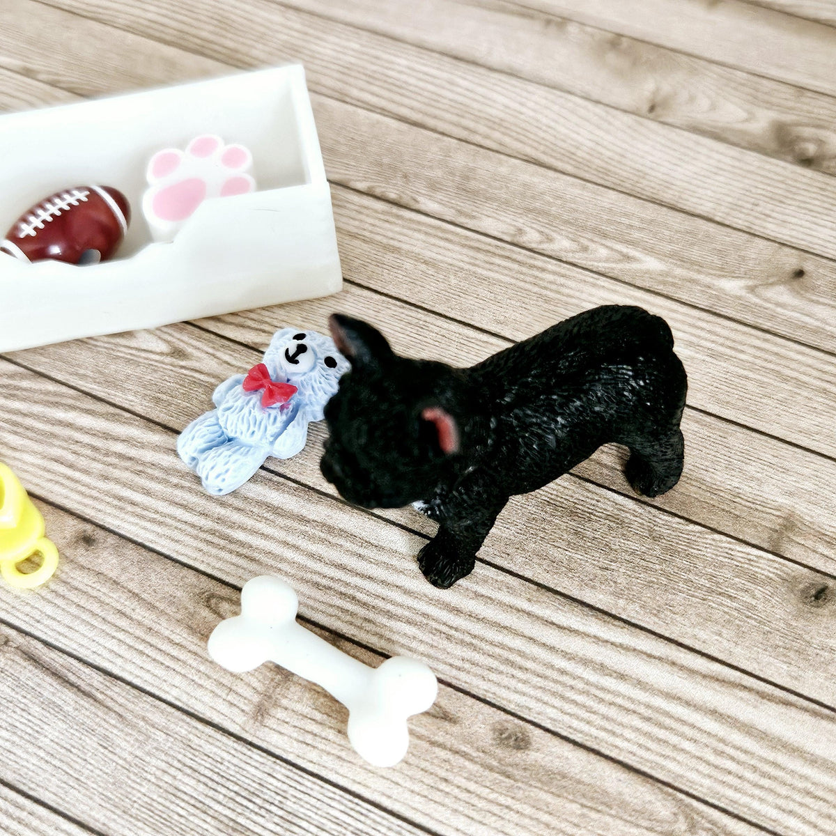 Dolls House French Bulldog & Bone White Toy Box, 12th Scale toy box, miniature dog