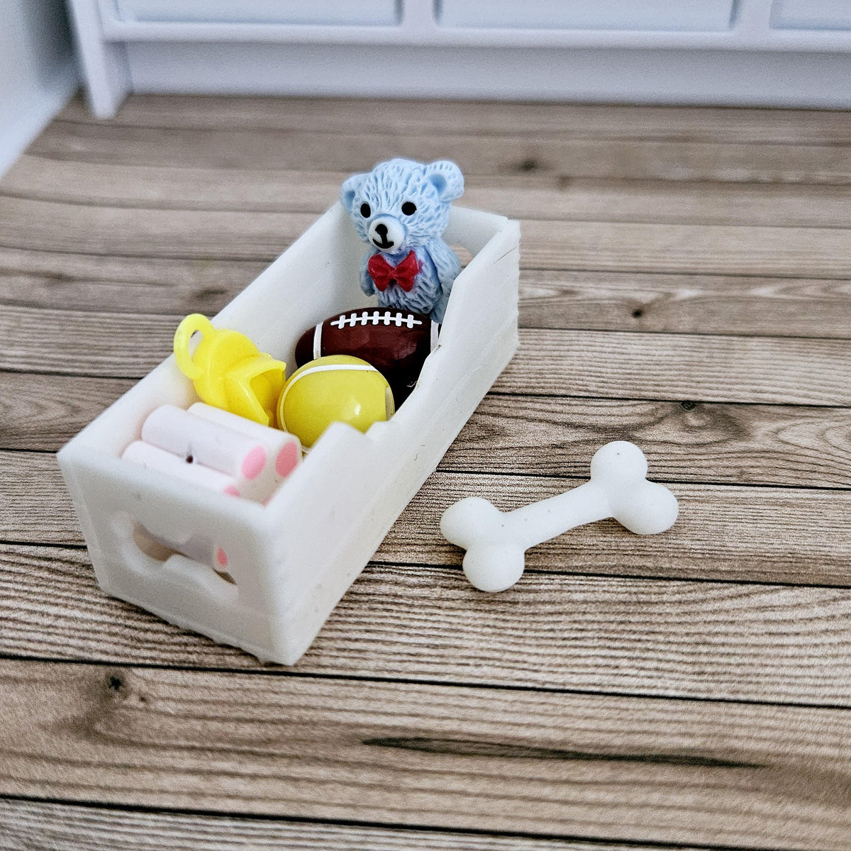 Dolls House French Bulldog & Bone White Toy Box, 12th Scale toy box, miniature dog
