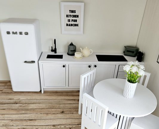Dolls House Kitchen , Full Set with Smeg Fridge, Dining & Accessories, 1:12 Scale, Miniature Furniture