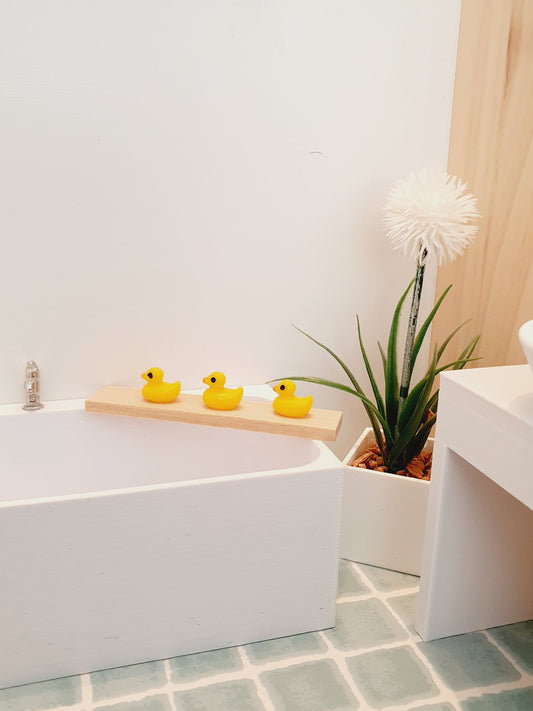 Dolls House Wooden Bath Board & a 3 Tiny Yellow Ducks, 1:12th Scale, Miniature ducks